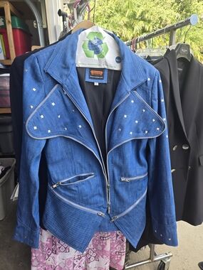 Studded Denim Sourock Moto Jacket –– Edgy Statement Piece – Size M